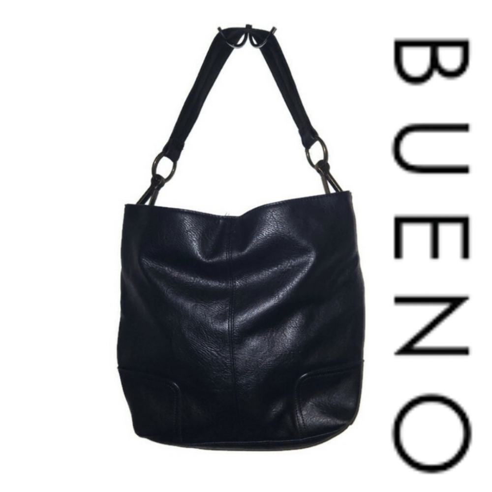 BUENO Soft Black Shoulder Bag 3 Pocket Design with brass hardware